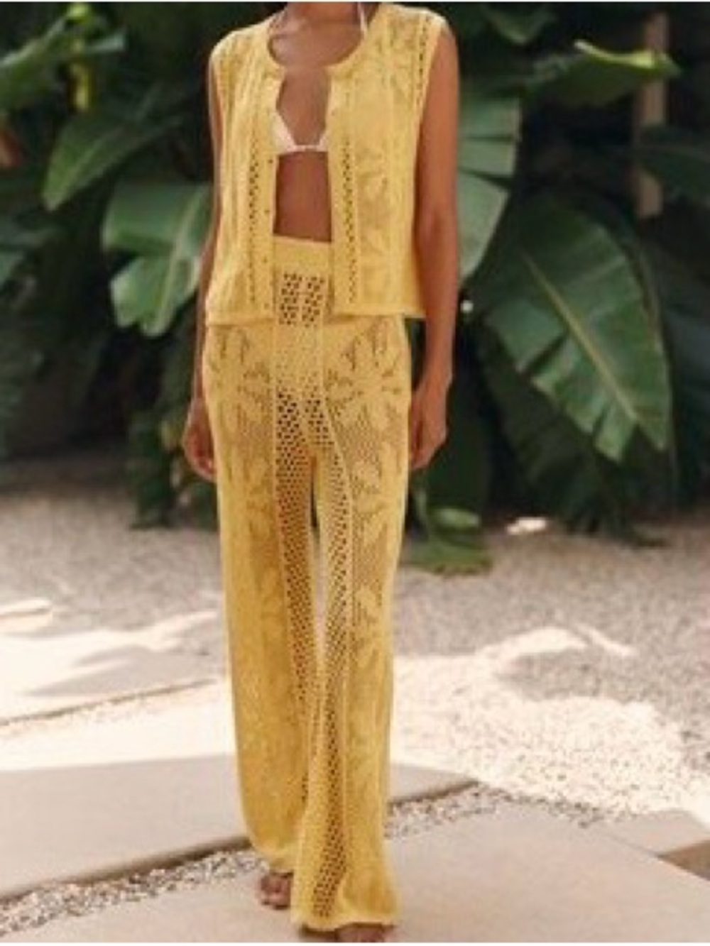 Celandine Crochet Knit Bell-Bottom Pants in Mustard Yellow